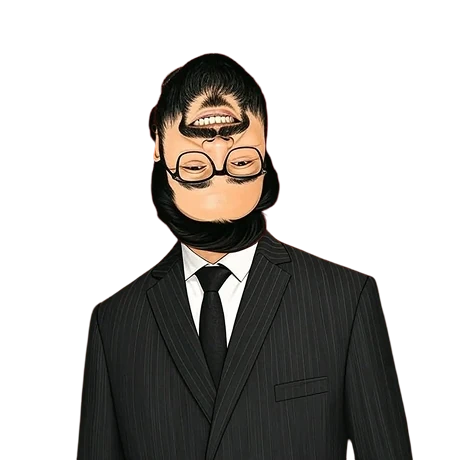 Manav Malik’s signature portrait: an upside-down face and a tailored black suit